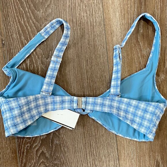Jonathan Simkhai  Blue Plaid Adjustable Bikini Top Large Preppy Swimwear NWT - Picture 2 of 5